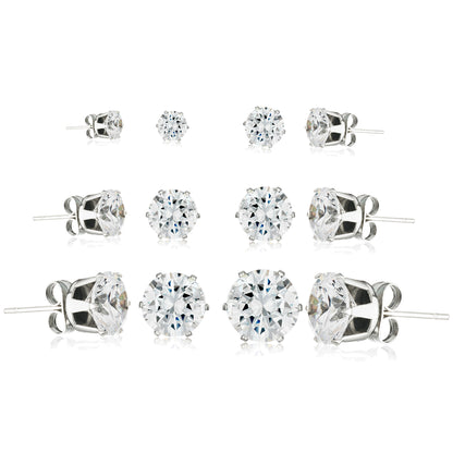 ELYA Women's High Polished Cubic Zirconia Stainless Steel Stud Earrings - 6 Pair set