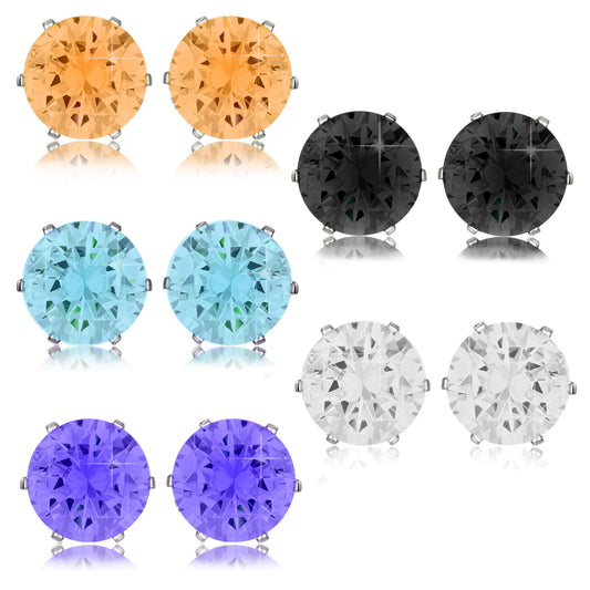 Orange (Citrine), Black, Aqua, White, Purple (Amethyst) Stainless Steel Stud Earring 7mm
