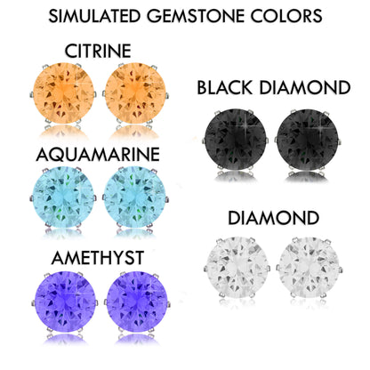 Orange (Citrine), Black, Aqua, White, Purple (Amethyst) Stainless Steel Stud Earring 7mm