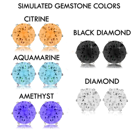 Orange (Citrine), Black, Aqua, White, Purple (Amethyst) Stainless Steel Stud Earring 7mm