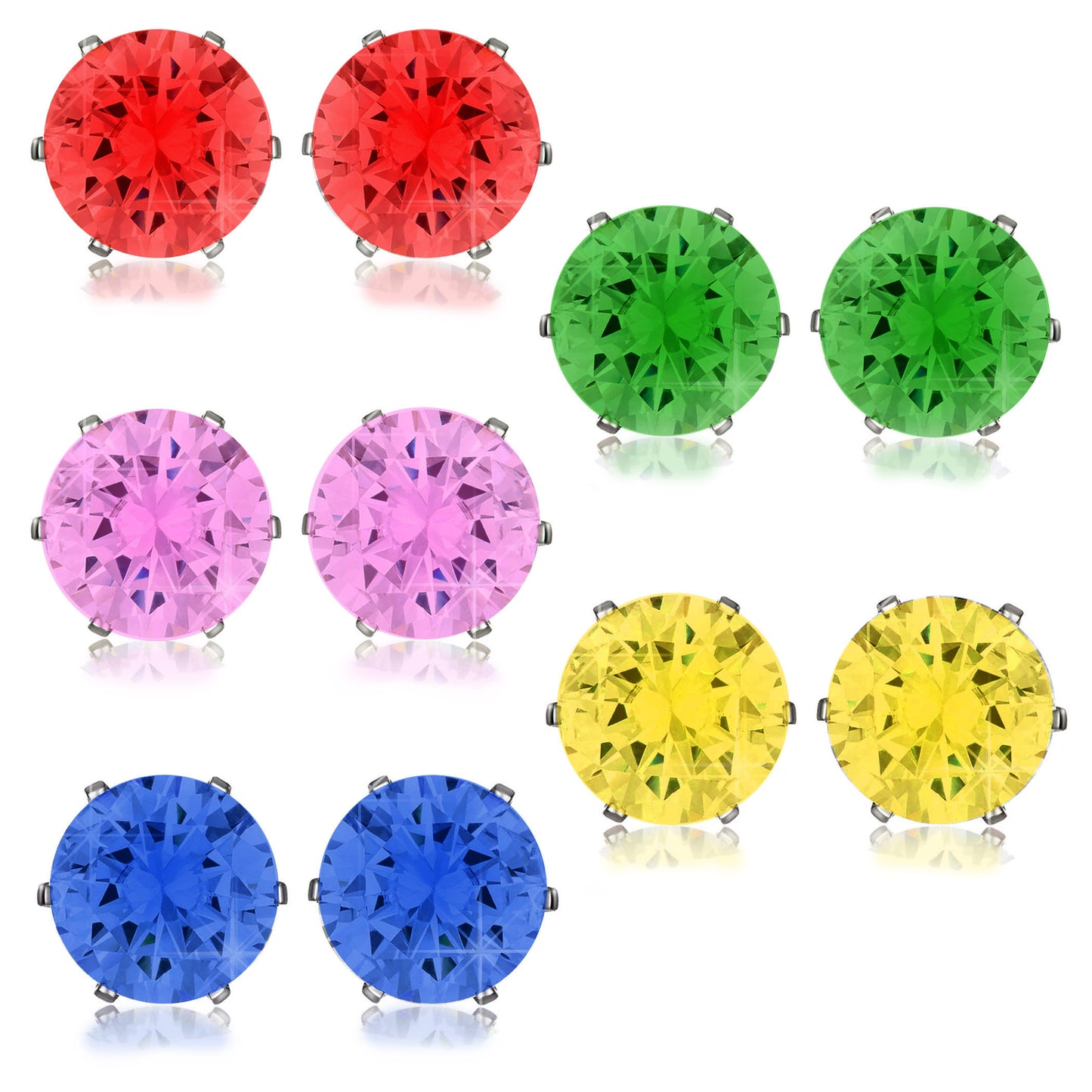 Red (Ruby), Green (Emerald), Pink, Yellow, Blue (Sapphire) Stainless Steel Stud Earring 7mm