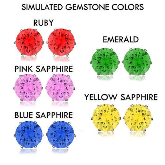Red (Ruby), Green (Emerald), Pink, Yellow, Blue (Sapphire) Stainless Steel Stud Earring 7mm