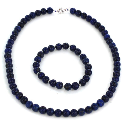 Women's Sterling Silver Lapis Beaded Bracelet and Necklace Set