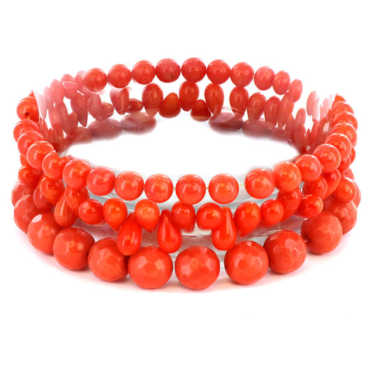 Women's Dyed Orange Coral Beaded and Multi-faceted Bracelets (Set of 3)