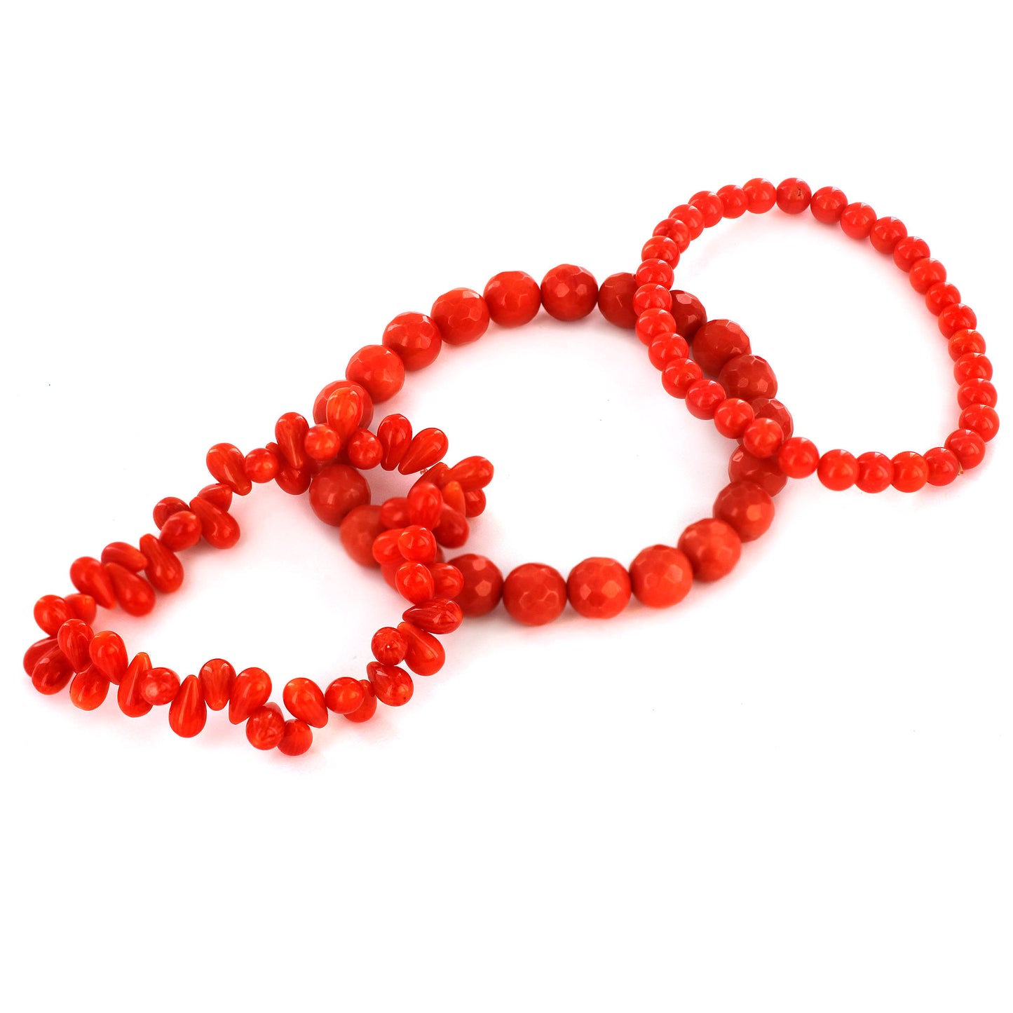 Women's Dyed Orange Coral Beaded and Multi-faceted Bracelets (Set of 3)