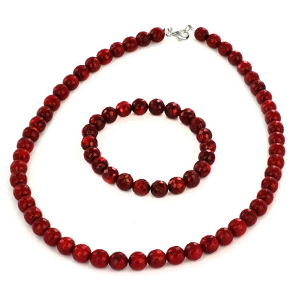 Women's Sterling Silver Red Dyed Coral Faceted Beaded Bracelet and Necklace Set