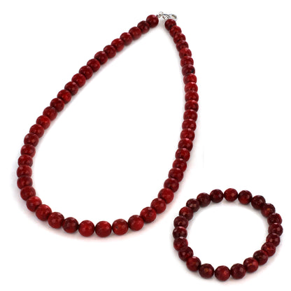 Women's Sterling Silver Red Dyed Coral Faceted Beaded Bracelet and Necklace Set