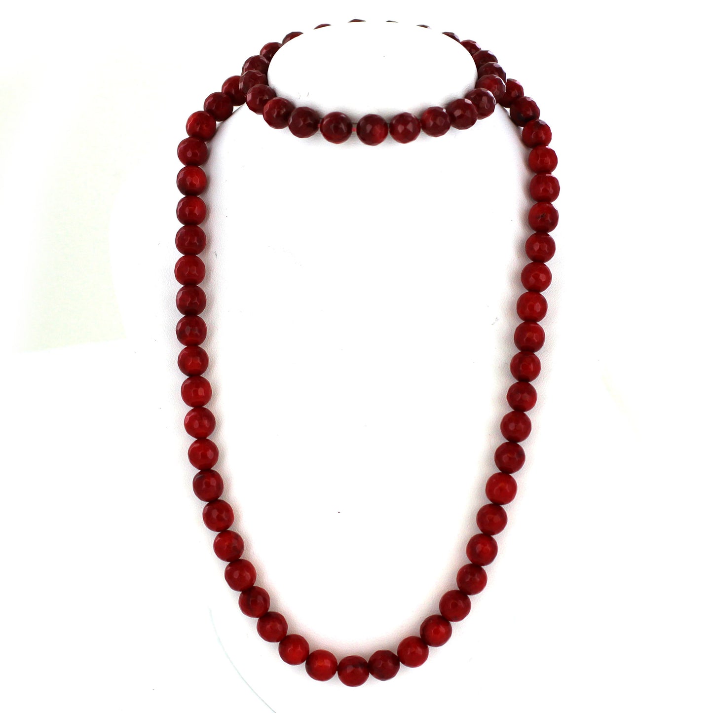 Women's Sterling Silver Red Dyed Coral Faceted Beaded Bracelet and Necklace Set