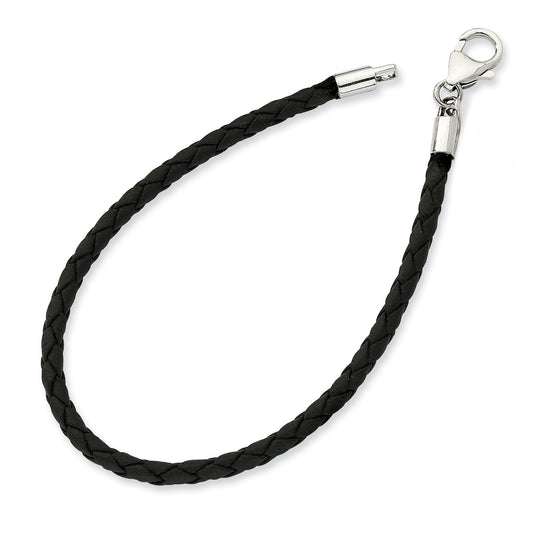 Silver Plated Lobster Clasp Woven Braided Leather Bracelet (3 mm) - 7.5"