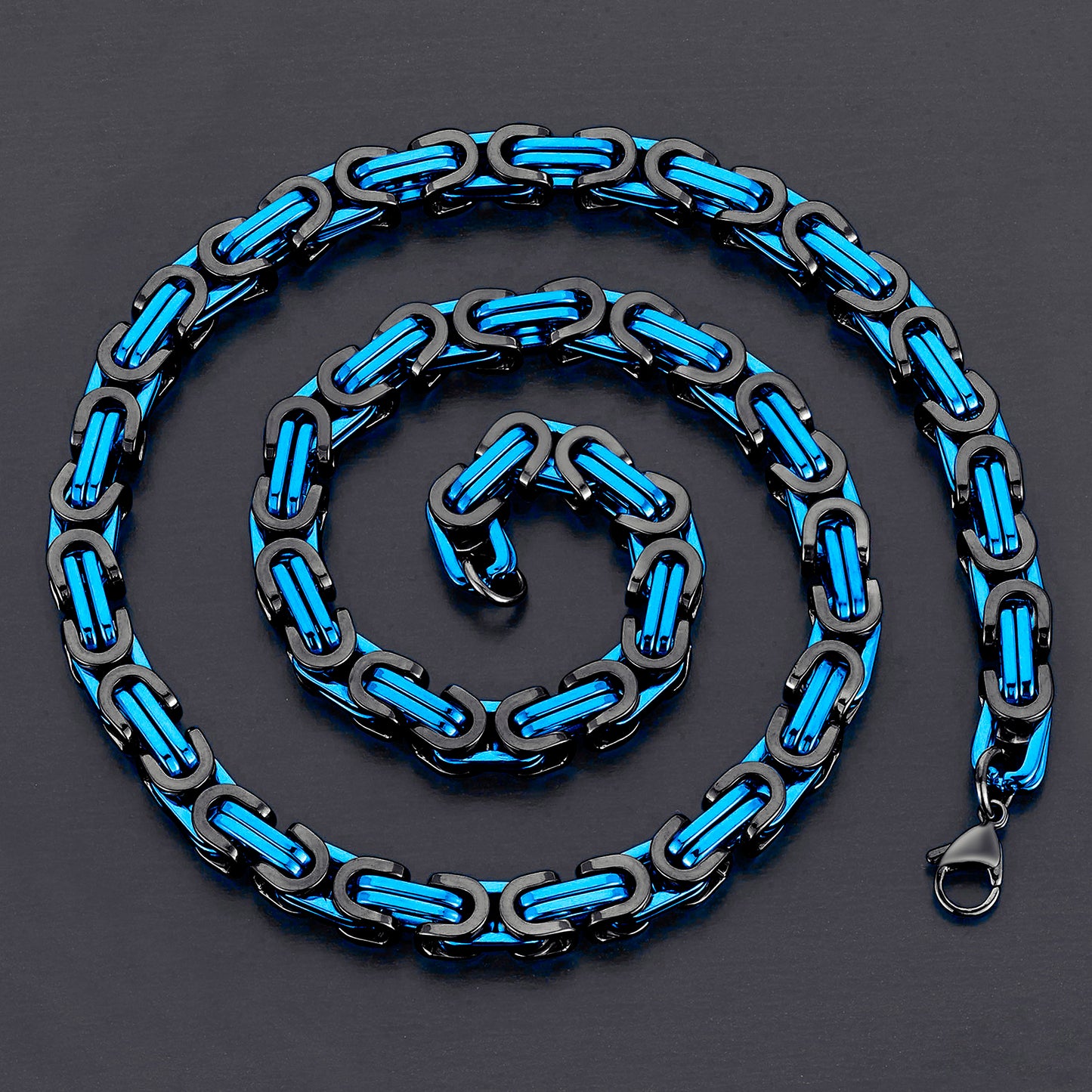 Men's Black and Blue Polished Stainless Steel Byzantine Chain Necklace (8mm) 24"