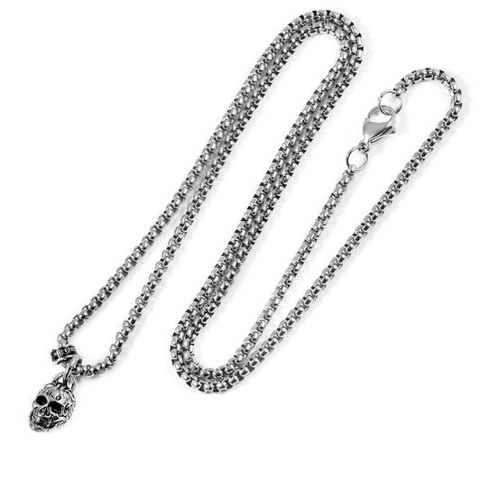 Stainless Steel 12mm Skull Necklace on 24 Inch 3mm Box Chain