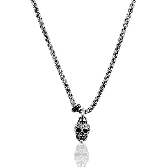 Stainless Steel 12mm Skull Necklace on 24 Inch 3mm Box Chain