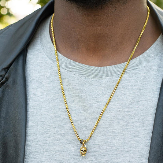 Crucible Jewelry Gold Stainless Steel 12mm Skull Necklace on 24 Inch 3mm Box Chain