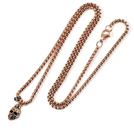 Crucible Jewelry Rose Gold Stainless Steel Small Skull Necklace on 24 Inch 3mm Box Chain