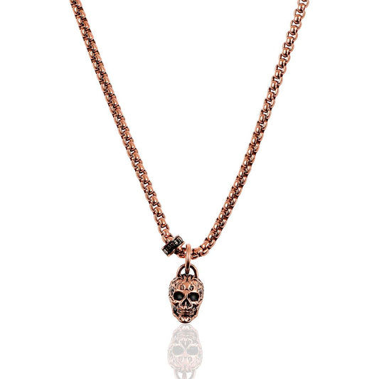Crucible Jewelry Rose Gold Stainless Steel Small Skull Necklace on 24 Inch 3mm Box Chain