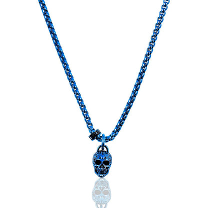 Crucible Jewelry Blue Stainless Steel 12mm Skull Necklace on 24 Inch 3mm Box Chain