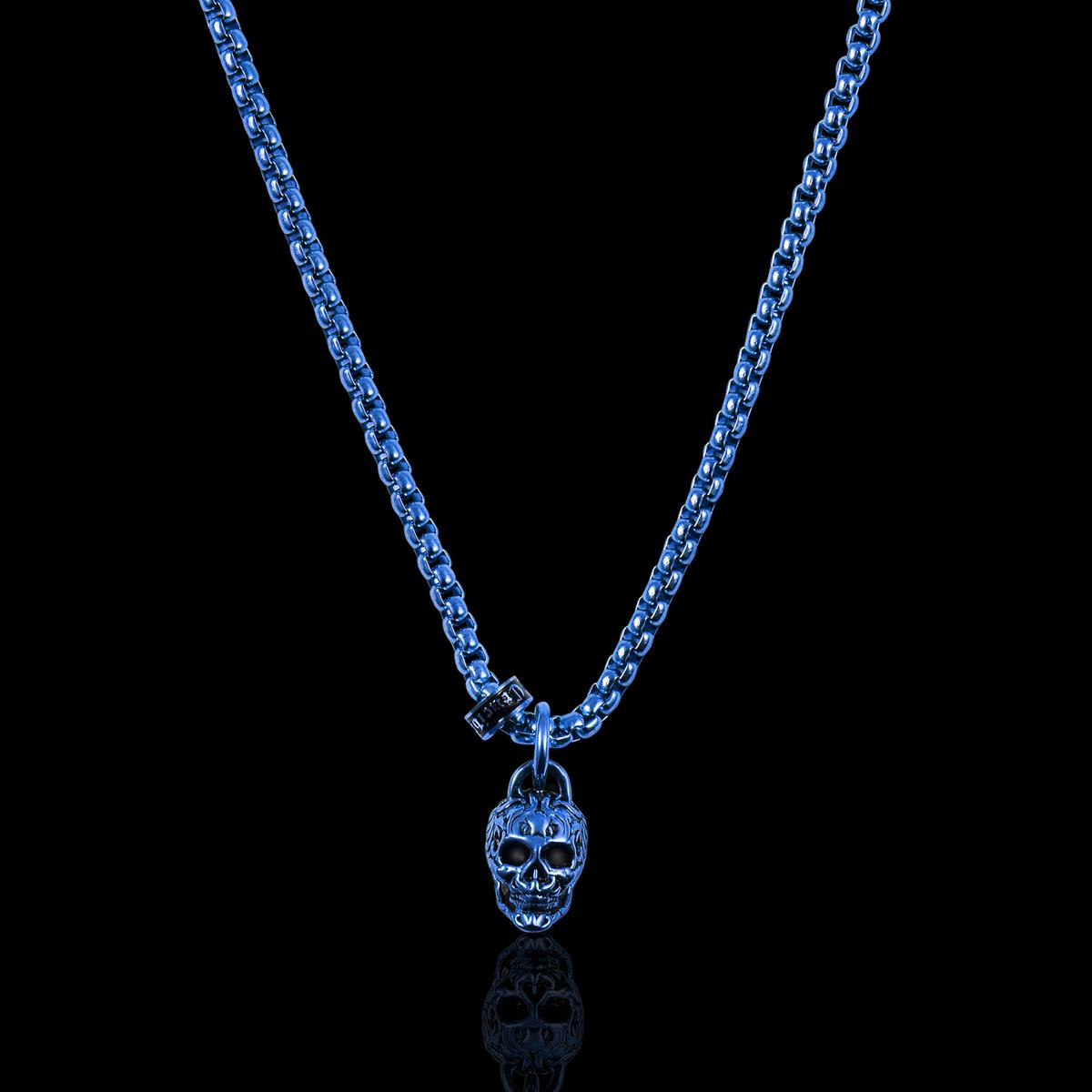 Crucible Jewelry Blue Stainless Steel 12mm Skull Necklace on 24 Inch 3mm Box Chain