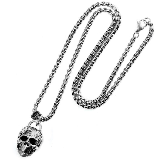 Stainless Steel 25mm Skull Necklace on 24 Inch 4mm Box Chain