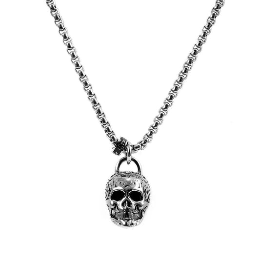 Stainless Steel 25mm Skull Necklace on 24 Inch 4mm Box Chain