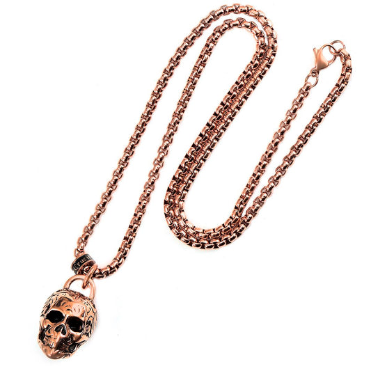 Crucible Jewelry Rose Gold Stainless Steel Large Skull Necklace on 24 Inch 4mm Box Chain