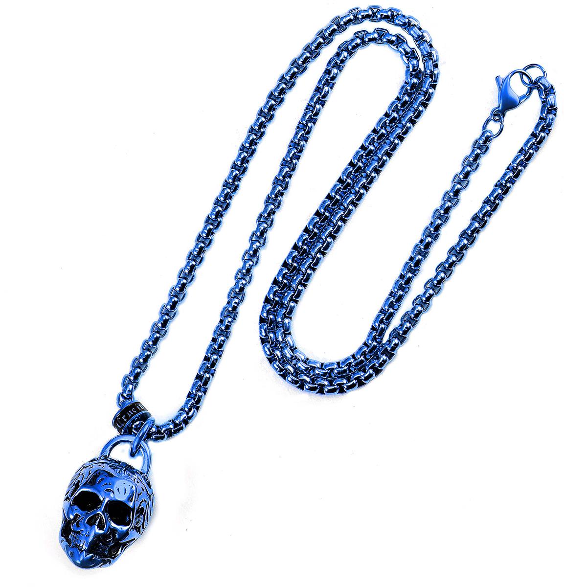 Crucible Jewelry Blue Stainless Steel 25mm Skull Necklace on 24 Inch 4mm Box Chain