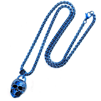 Crucible Jewelry Blue Stainless Steel 25mm Skull Necklace on 24 Inch 4mm Box Chain