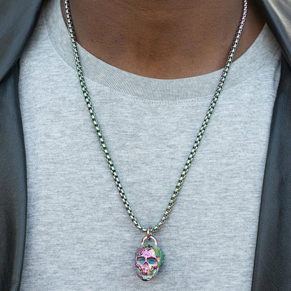 Stainless Steel 25mm Skull Necklace on 24 Inch 4mm Box Chain
