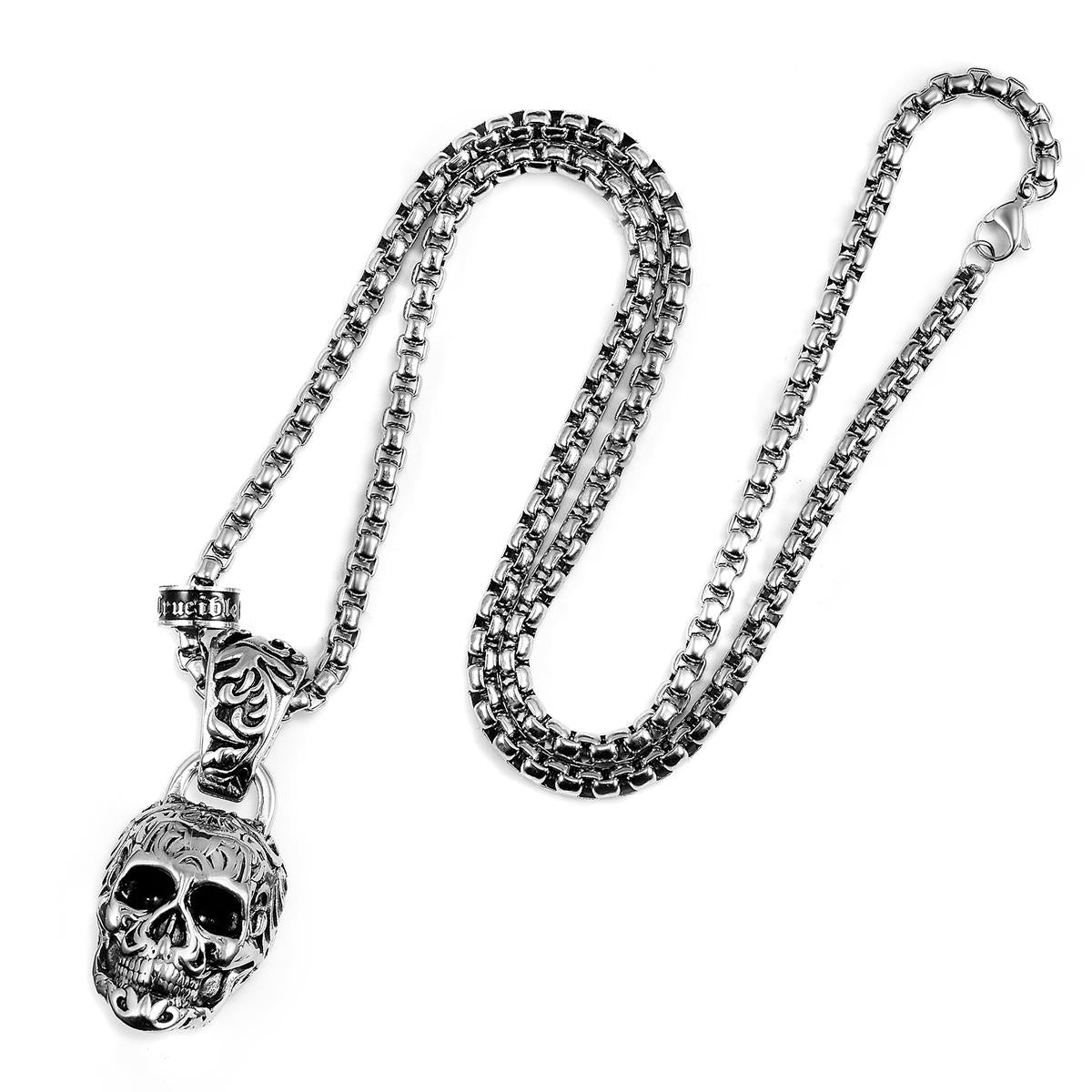 Crucible Jewelry Stainless Steel 35mm Skull Necklace on 28 Inch 5mm Box Chain