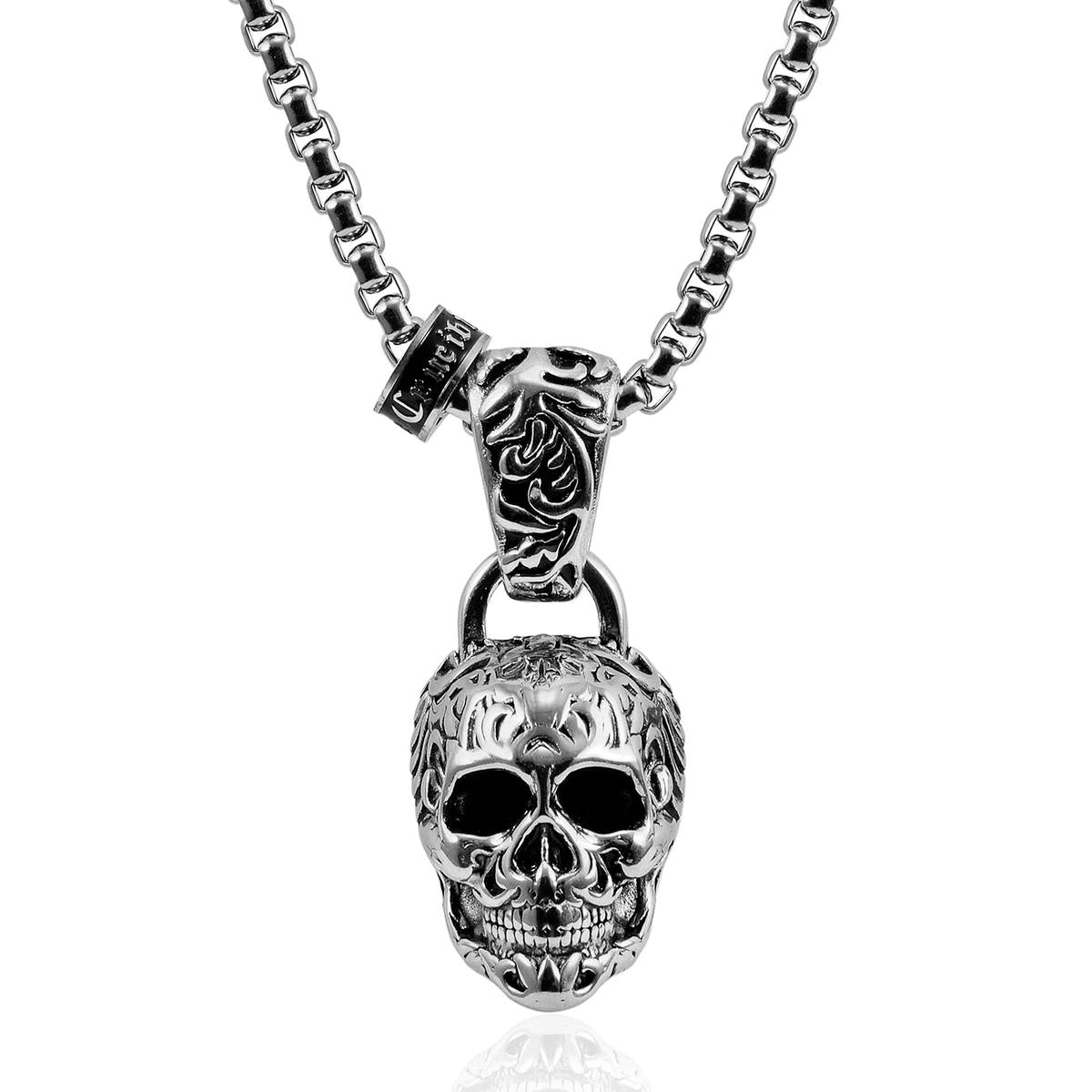 Crucible Jewelry Stainless Steel 35mm Skull Necklace on 28 Inch 5mm Box Chain