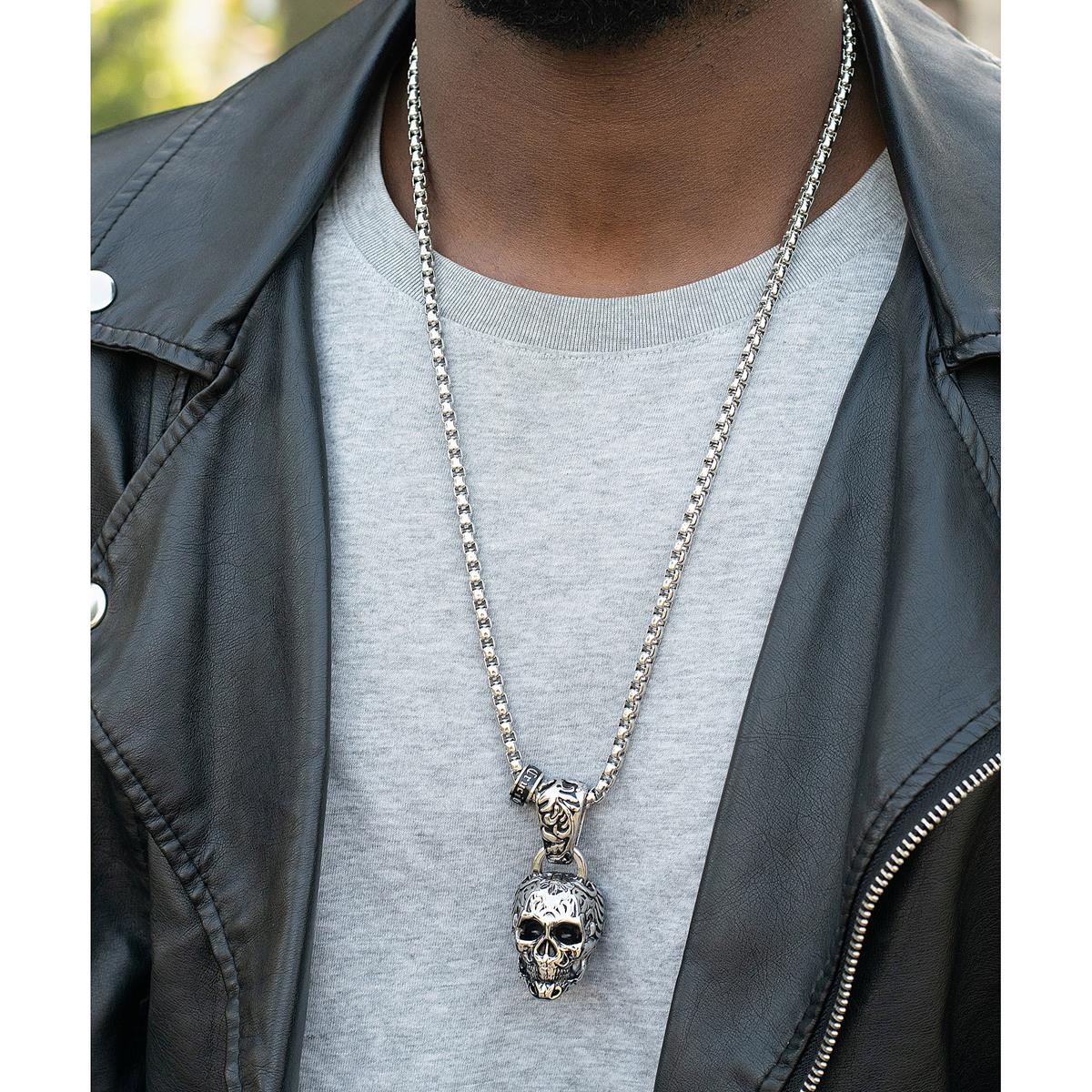Stainless Steel 35mm Skull Necklace on 28 Inch 5mm Box Chain