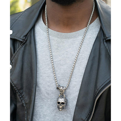 Stainless Steel 35mm Skull Necklace on 28 Inch 5mm Box Chain