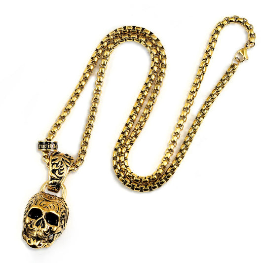 Crucible Jewelry Gold Stainless Steel 35mm Skull Necklace on 28 Inch 5mm Box Chain