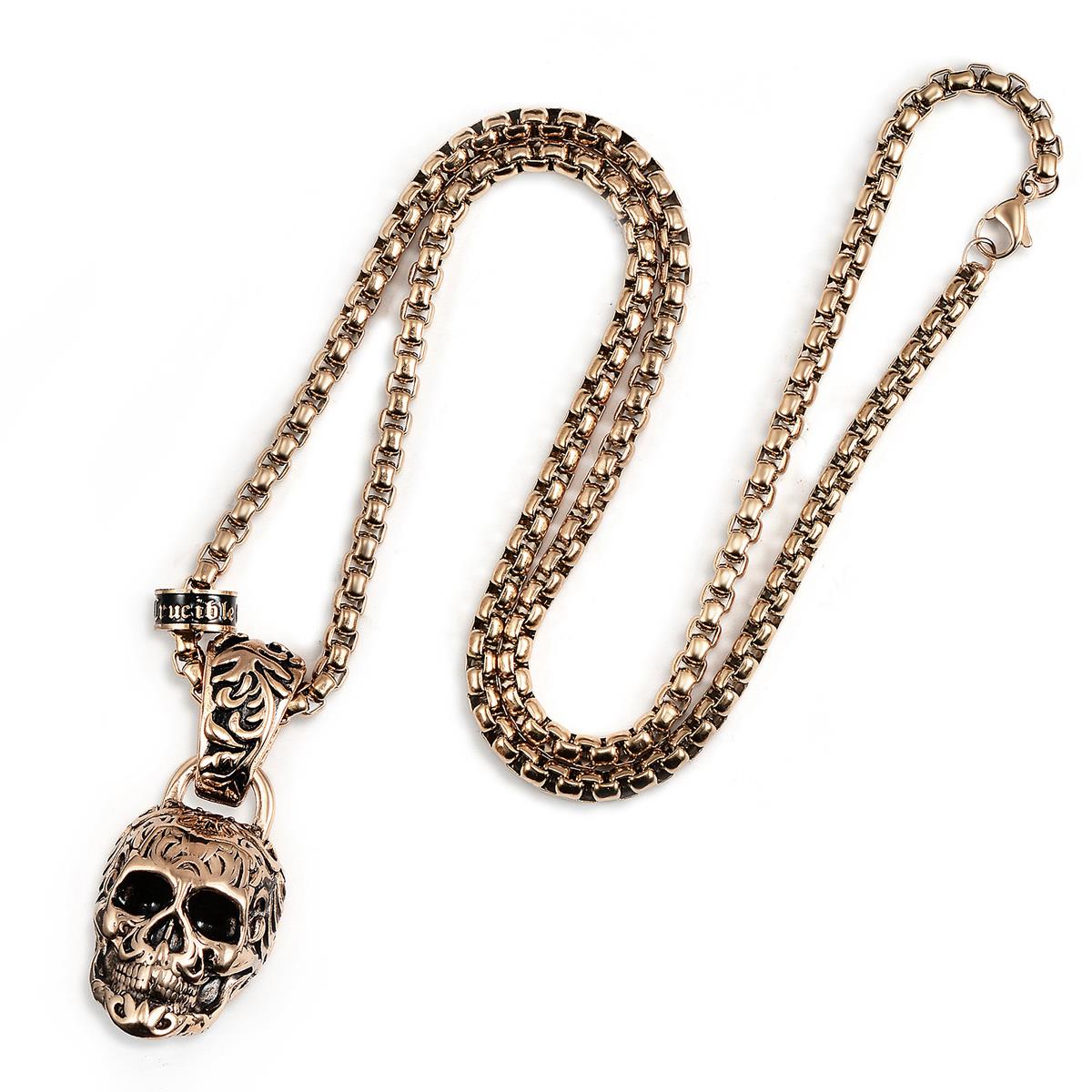 Crucible Jewelry Rose Gold Stainless Steel X-Large Skull Necklace on 28 Inch 5mm Box Chain