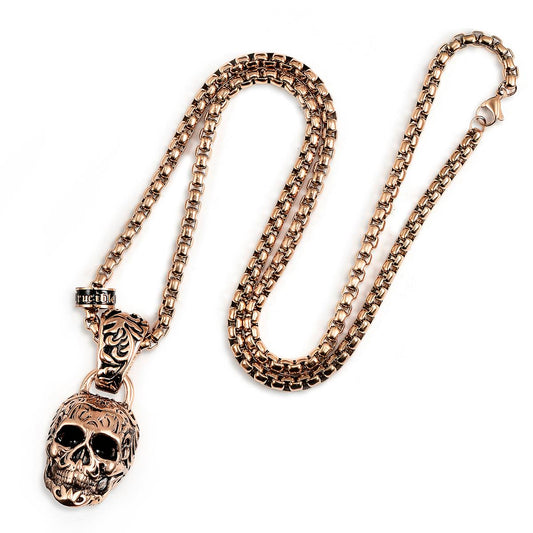 Crucible Jewelry Rose Gold Stainless Steel X-Large Skull Necklace on 28 Inch 5mm Box Chain