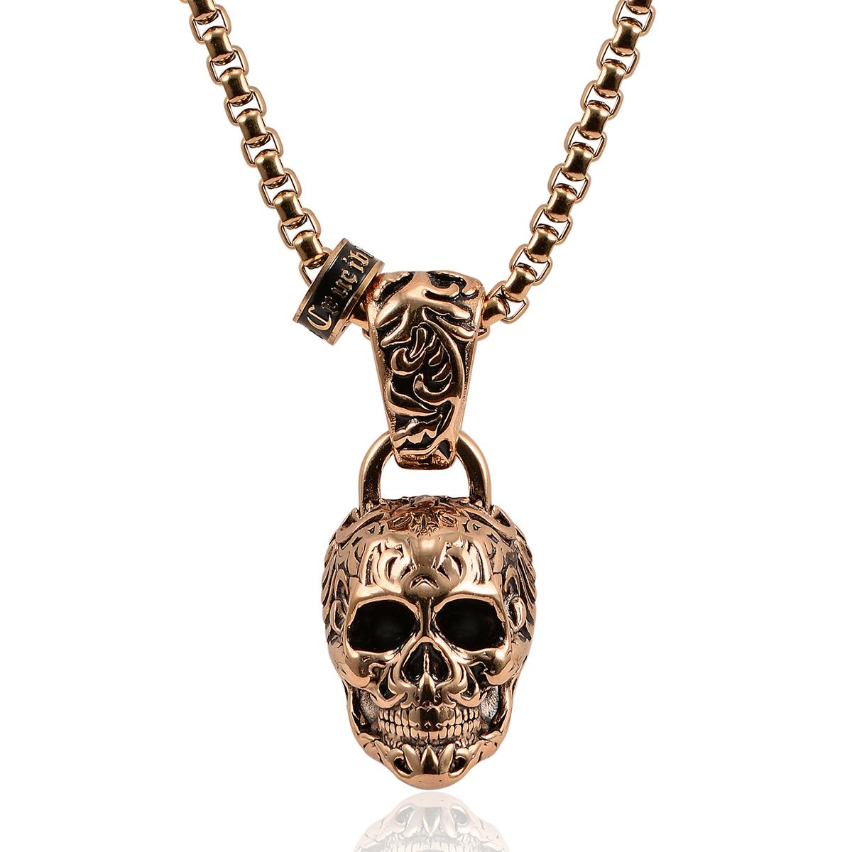 Crucible Jewelry Rose Gold Stainless Steel X-Large Skull Necklace on 28 Inch 5mm Box Chain