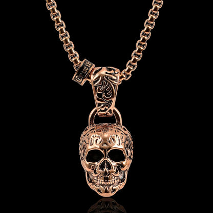 Crucible Jewelry Rose Gold Stainless Steel X-Large Skull Necklace on 28 Inch 5mm Box Chain