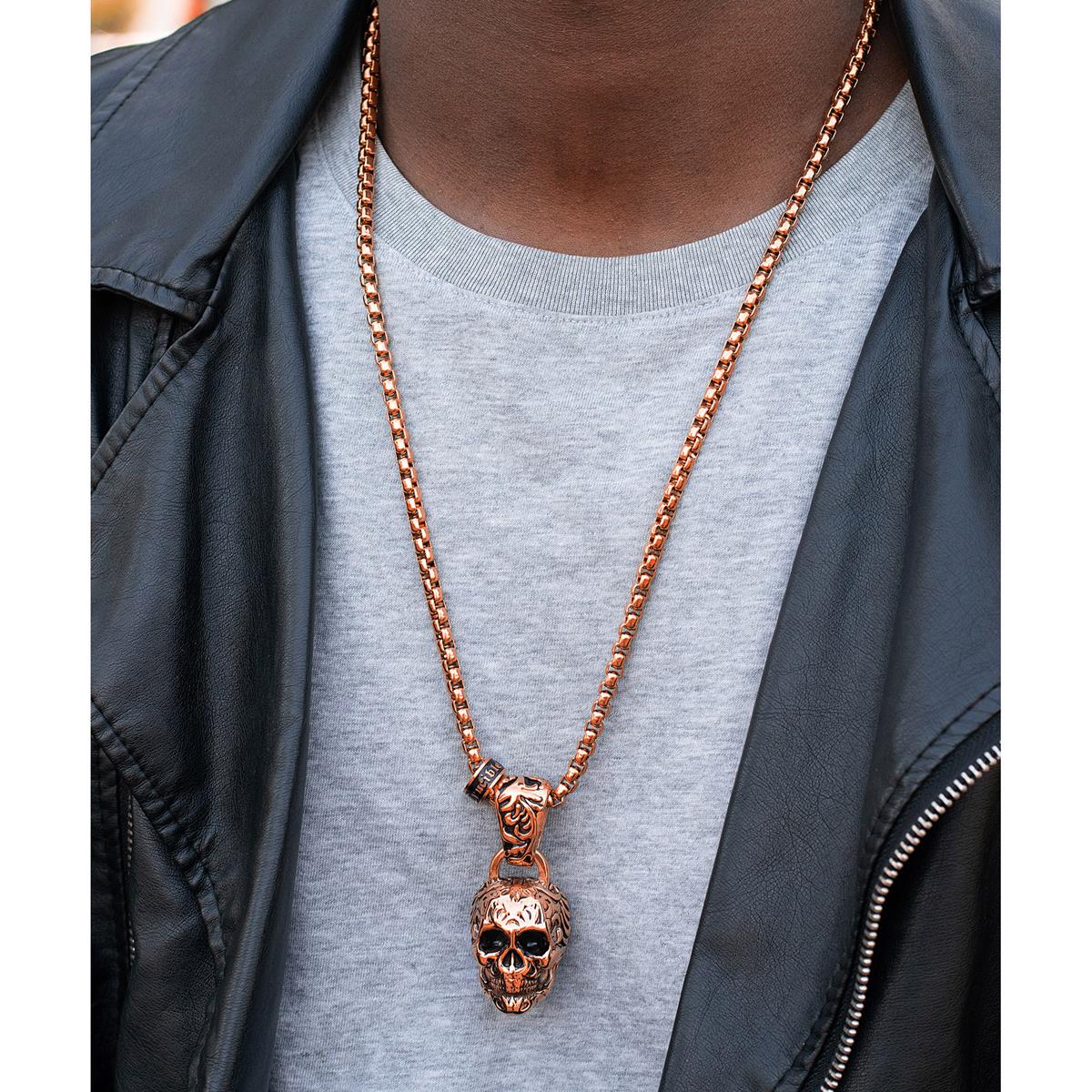 Crucible Jewelry Rose Gold Stainless Steel X-Large Skull Necklace on 28 Inch 5mm Box Chain