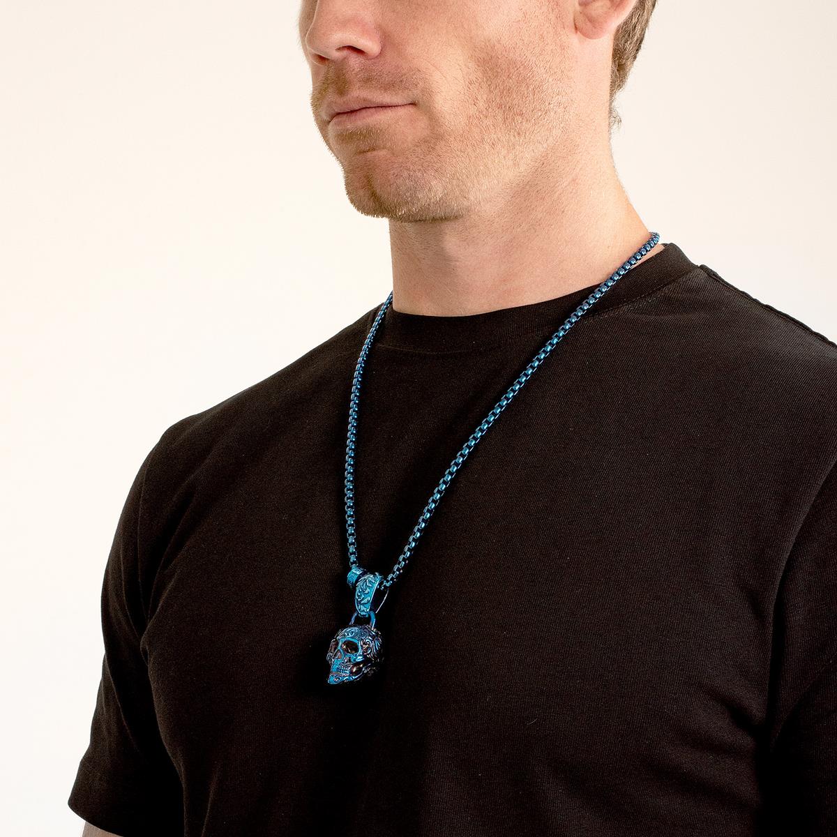 Stainless Steel 35mm Skull Necklace on 28 Inch 5mm Box Chain