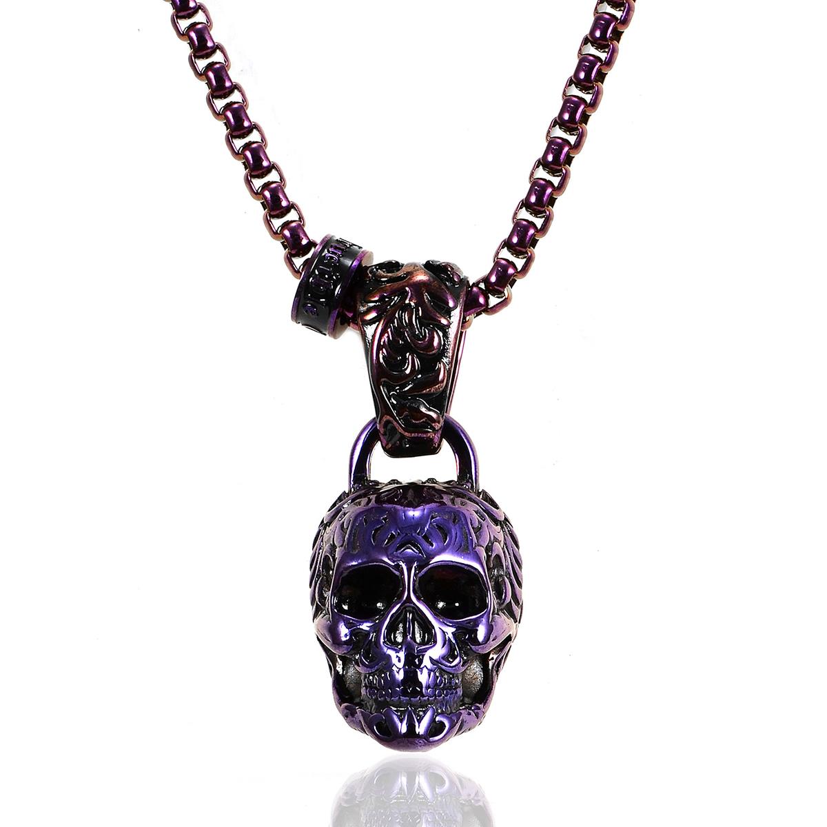 Crucible Jewelry Rose Gold Stainless Steel X-Large Skull Necklace on 28 Inch 5mm Box Chain