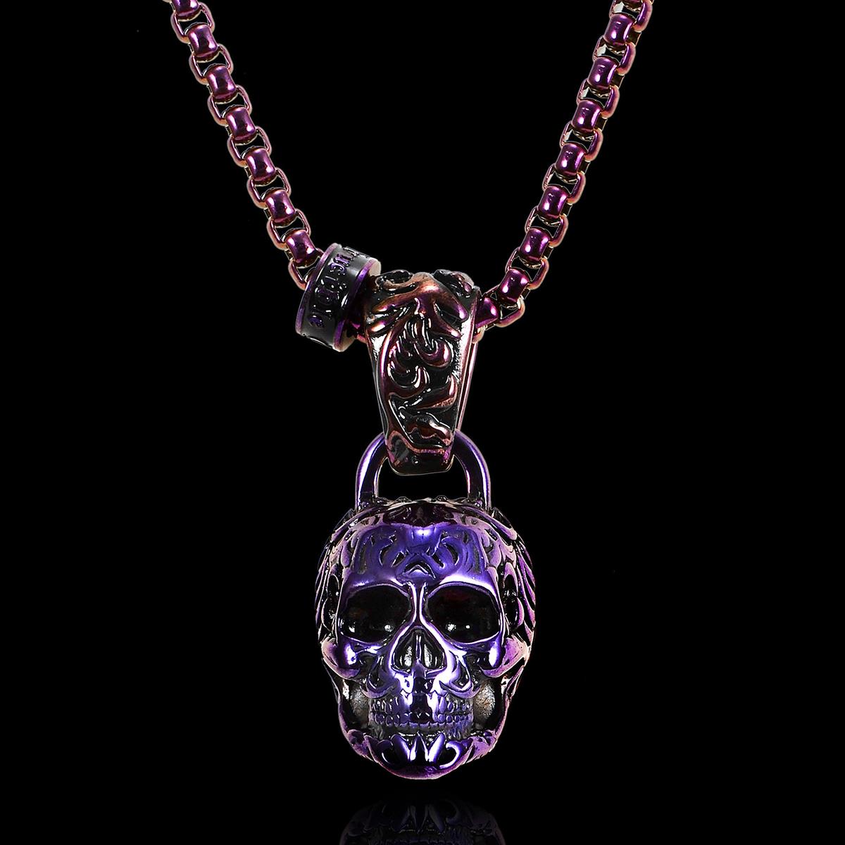 Crucible Jewelry Rose Gold Stainless Steel X-Large Skull Necklace on 28 Inch 5mm Box Chain