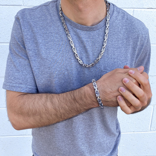 Men's Stainless Steel Byzantine Chain Necklace (24") and Bracelet (9") Set - (9mm)