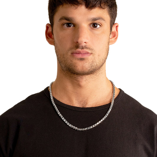 Men's Polished Box Chain Stainless Steel Necklace (5mm) - 24"