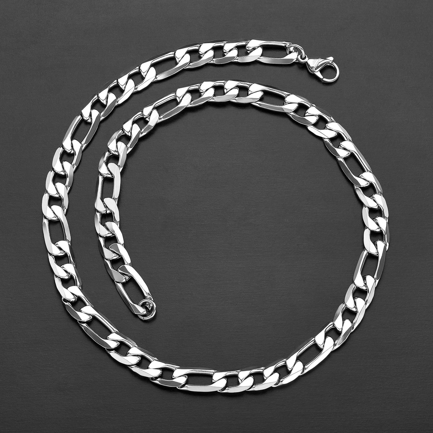 Men's Polished Beveled Figaro Chain Stainless Steel Necklace (12mm) - 24"