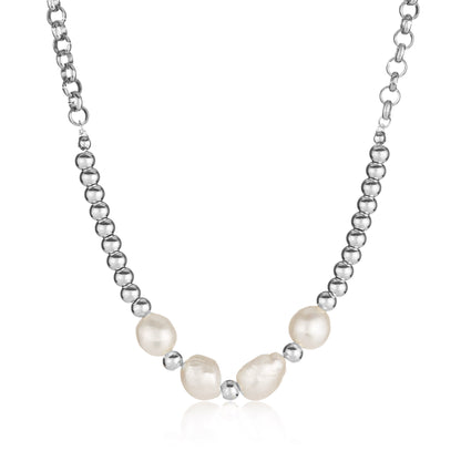 ELYA Women's Freshwater Pearl Beads Stainless Steel Rolo Chain Necklace