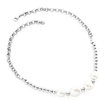 ELYA Women's Freshwater Pearl Beads Stainless Steel Rolo Chain Necklace