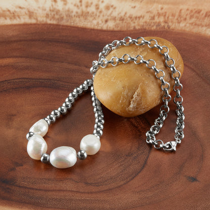 ELYA Women's Freshwater Pearl and Steel Beaded Necklace - 17"