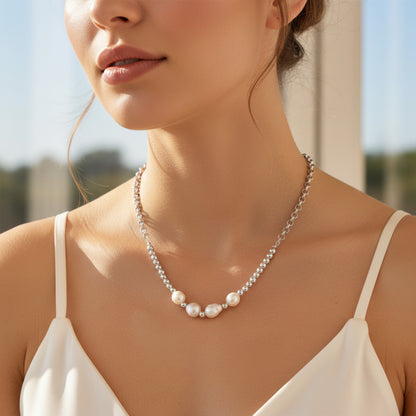 ELYA Women's Freshwater Pearl and Steel Beaded Necklace - 17"