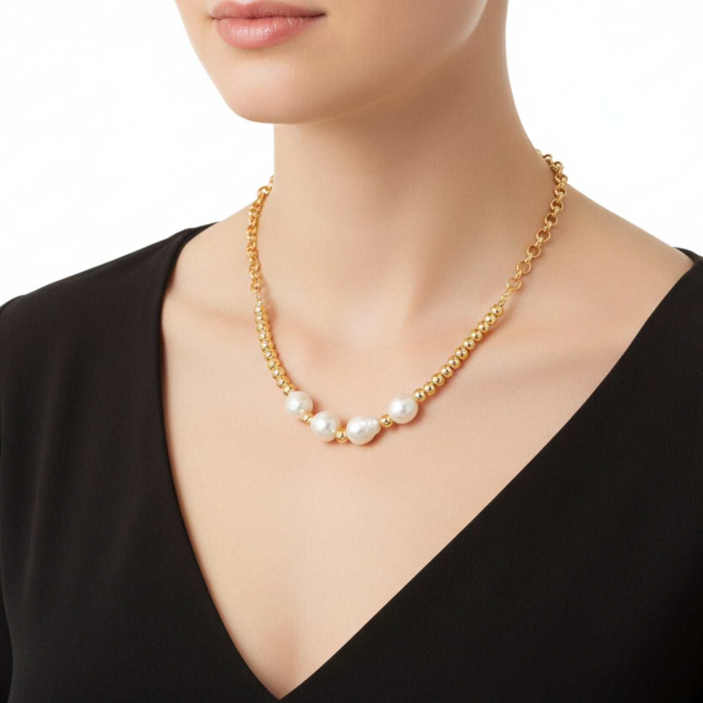 ELYA Women's Freshwater Pearl and Steel Beaded Necklace - 17"