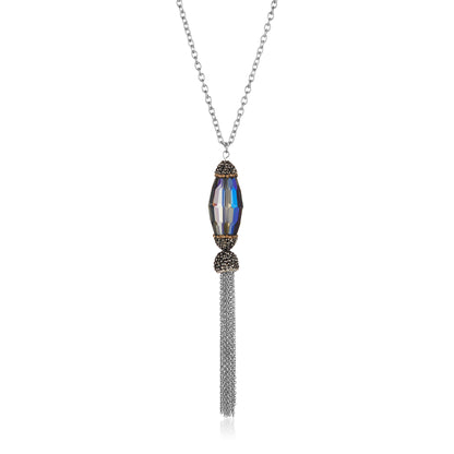 ELYA Women's Faceted Blue Crystal Stainless Steel Tassel Pendant Necklace
