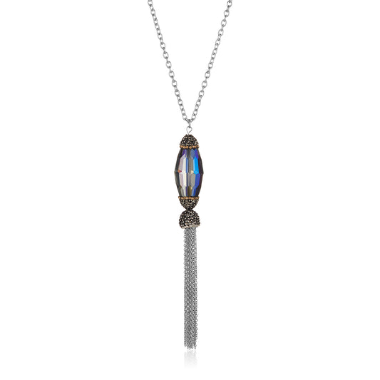 ELYA Women's Faceted Blue Crystal Stainless Steel Tassel Pendant Necklace